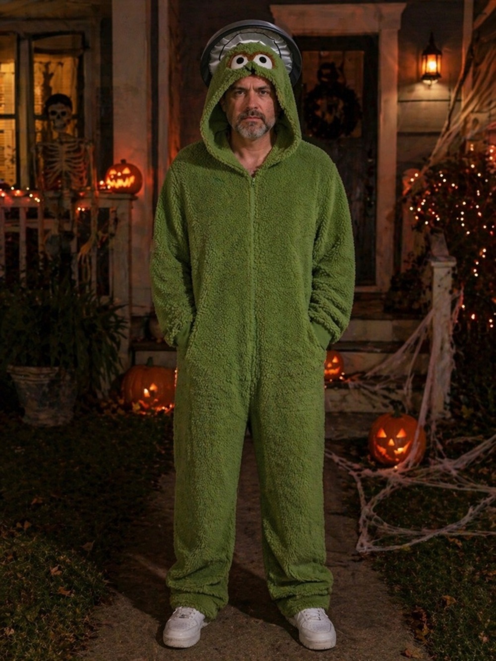 Sesame Street Oscar the Grouch Adult Costume Fuzzy Hooded Onesie S/M